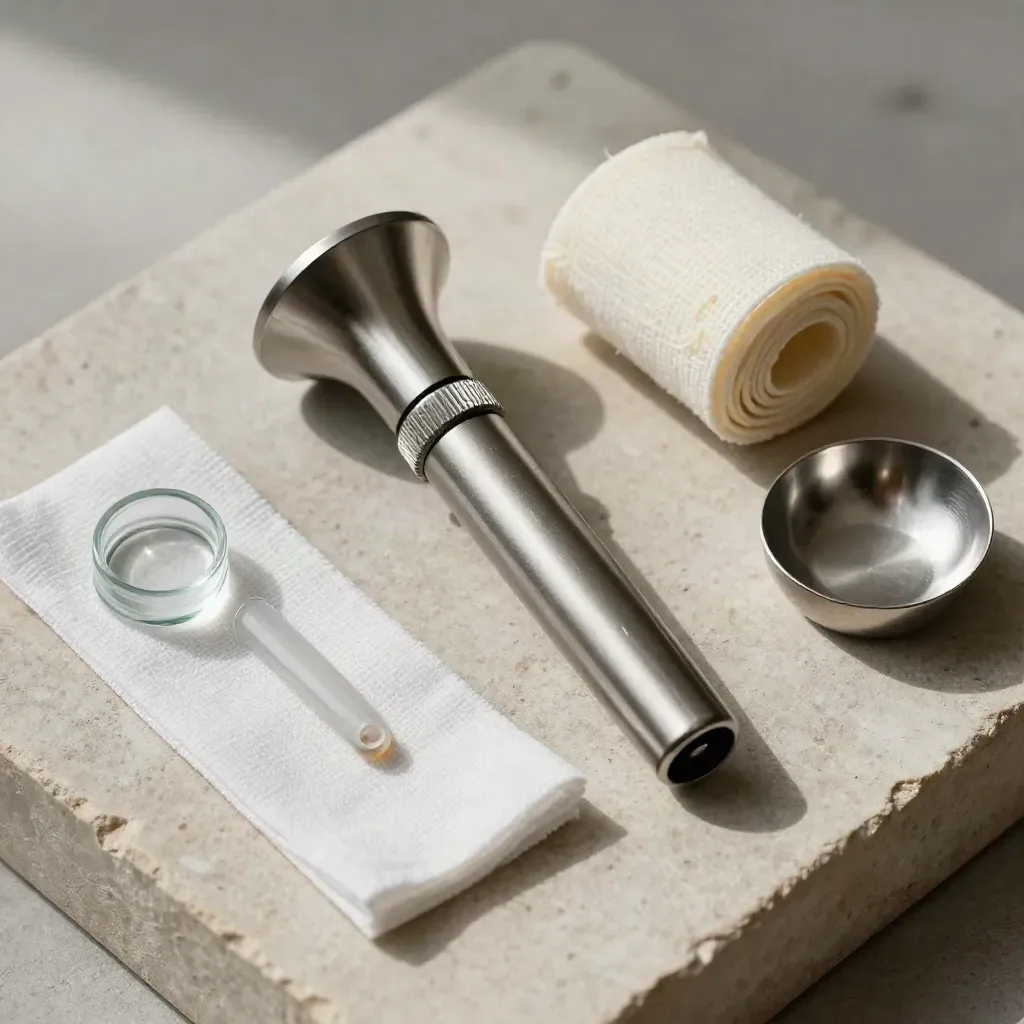 Overhead clinical still life with otoscope, kidney dish, gauze and ampoules on pale stone.