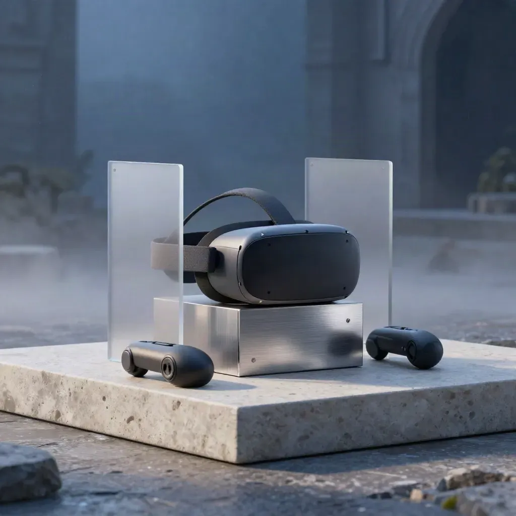 VR headset, controllers, and frosted room frames on a stone plinth in soft blue-hour mist.