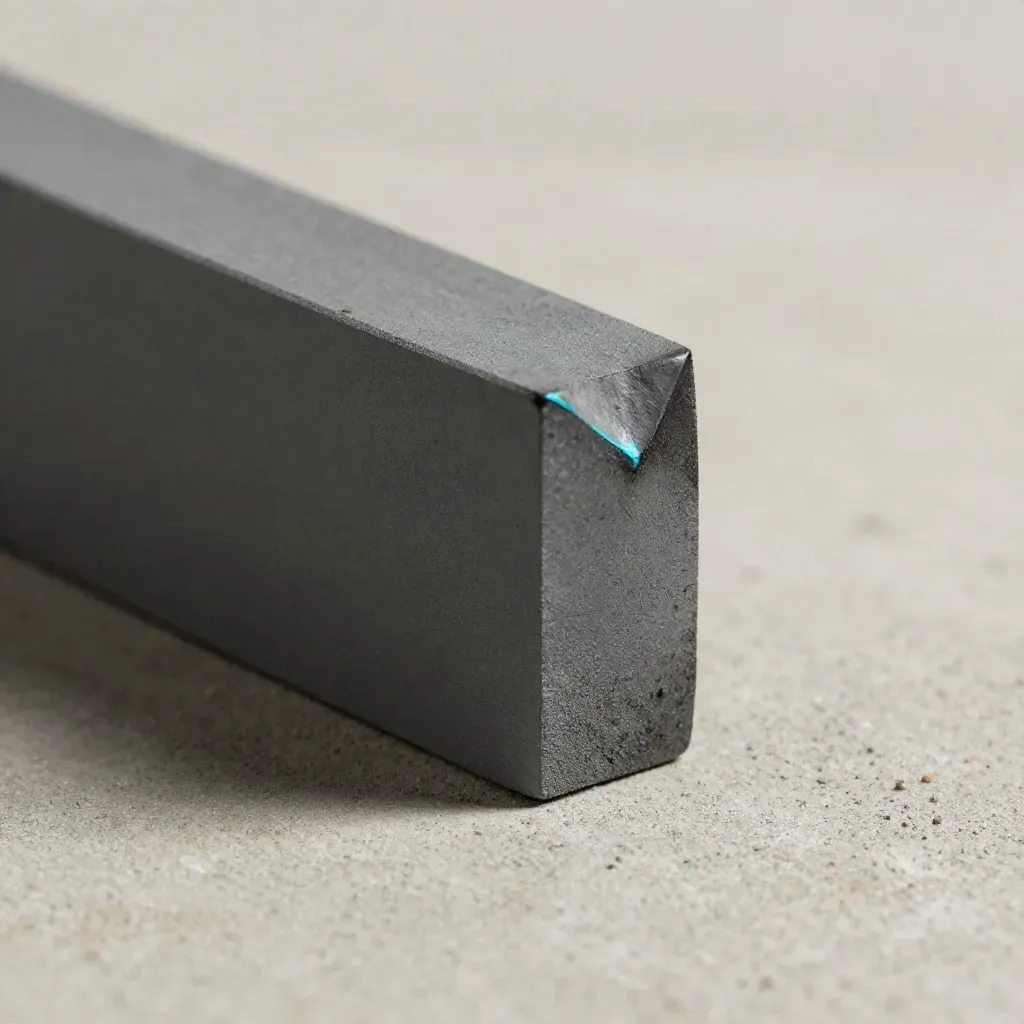 Foam-core corner, resin block, and graphite wedge meeting in a cinematic macro seam.