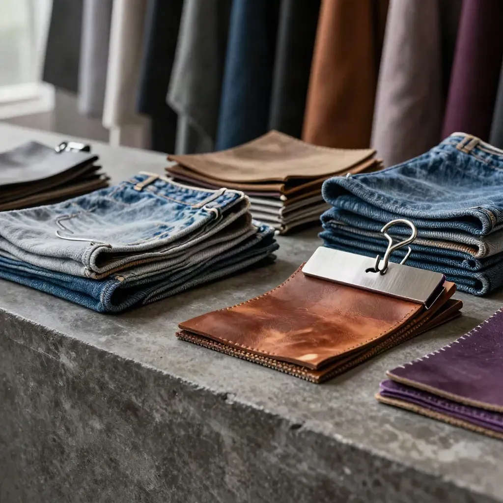 Denim swatches, leather sample cards, hanger hooks and a violet clip on charcoal concrete.