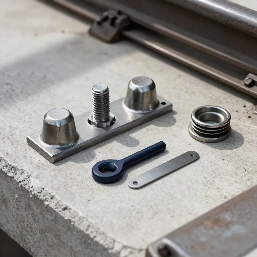 Rail hardware arranged on pale concrete in a cool editorial flat lay with a navy accent.