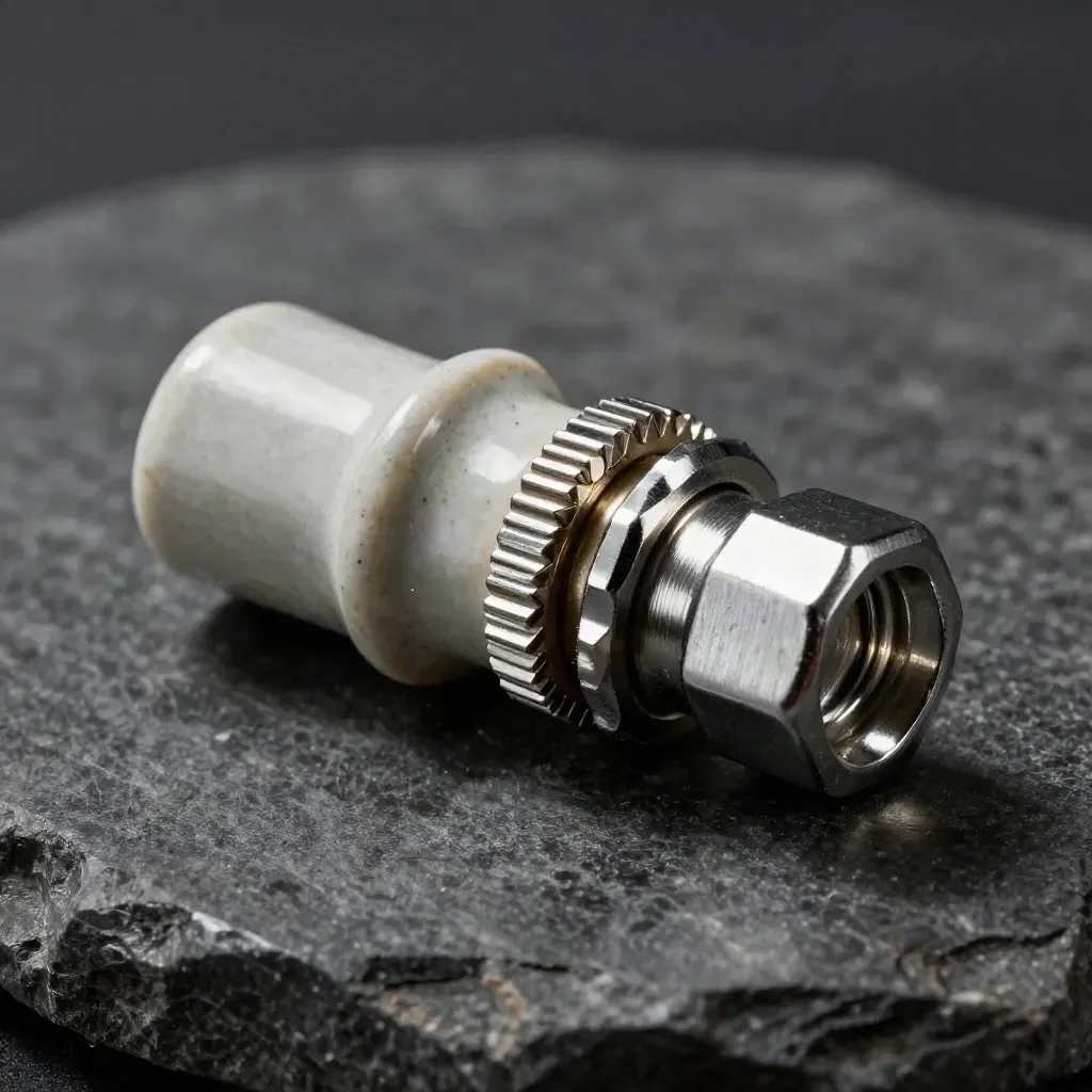Macro still life of ceramic, cable and alloy electrical components on dark stone.