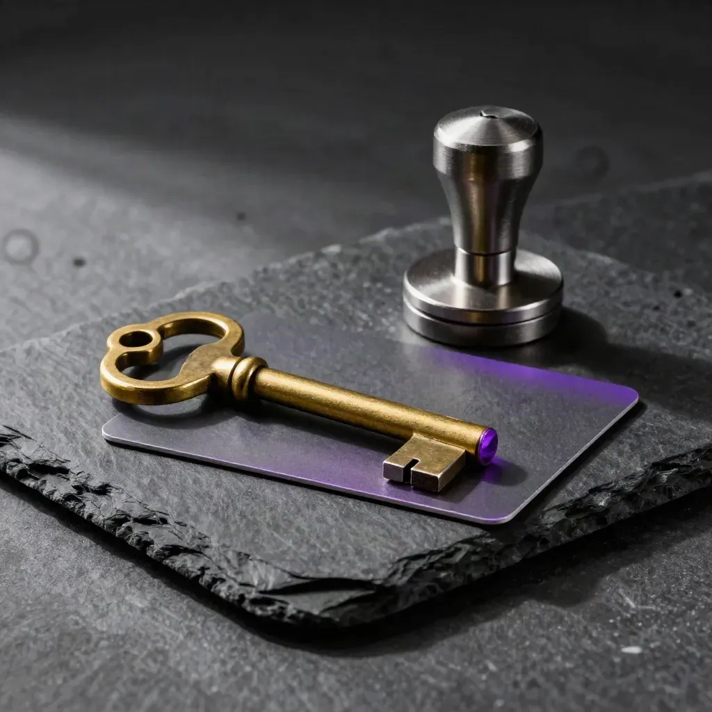 Brass vault key, seal stamp, blank access card, and lock cylinder on black slate.