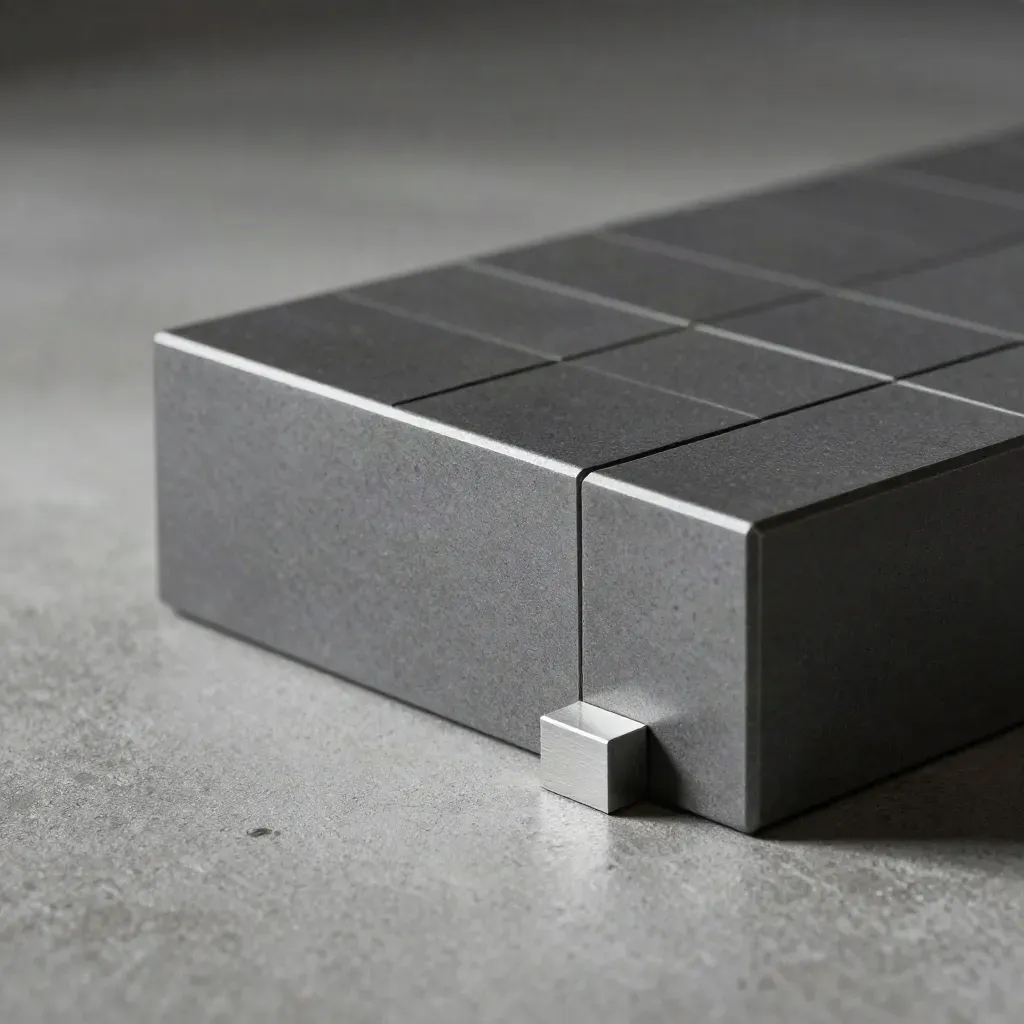 Macro still life of a resin pedestal, grid tile, and spacer block on concrete