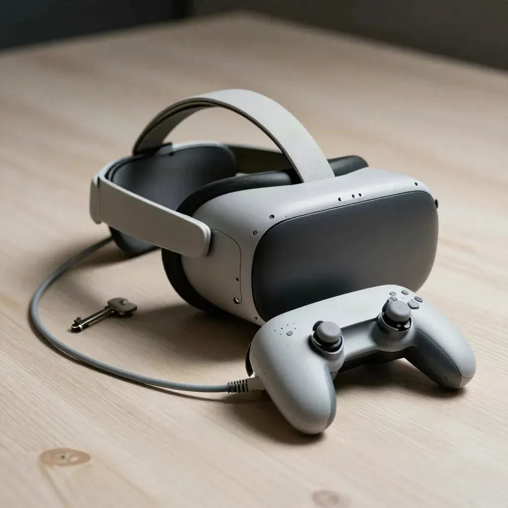 Matte VR headset dock with paired controllers and looped cable on pale wood, lit dramatically.