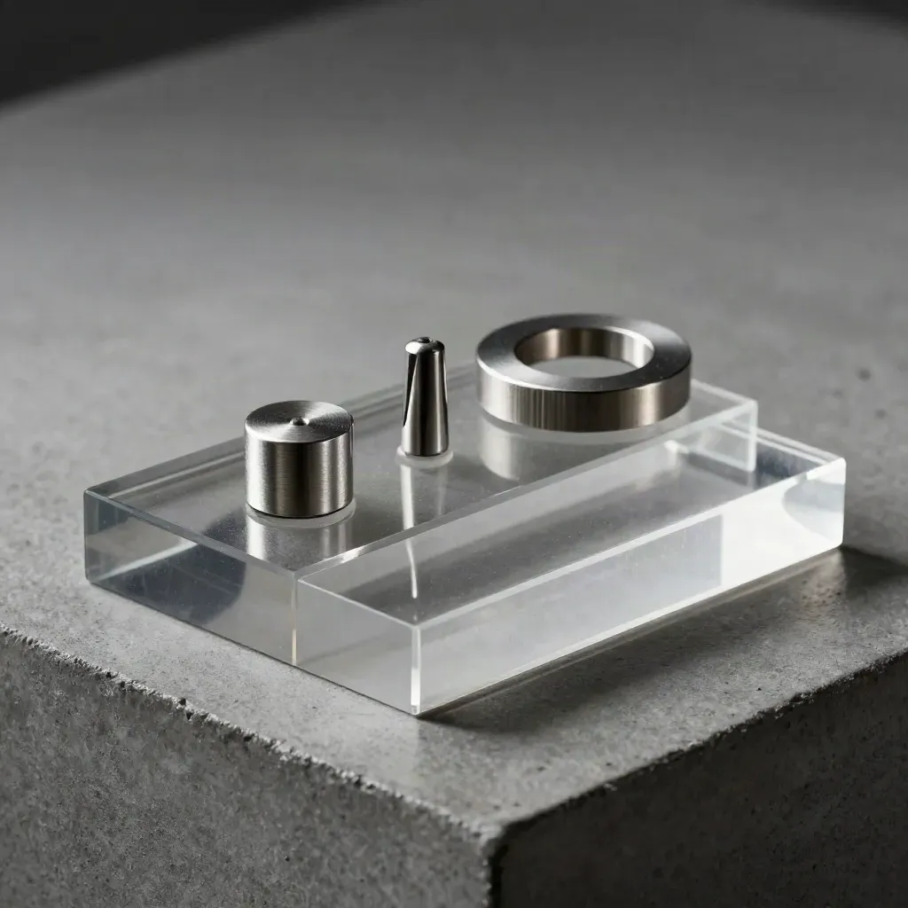 Macro of a stepped acrylic sample stand, calibration puck and turntable ring on graphite concrete.