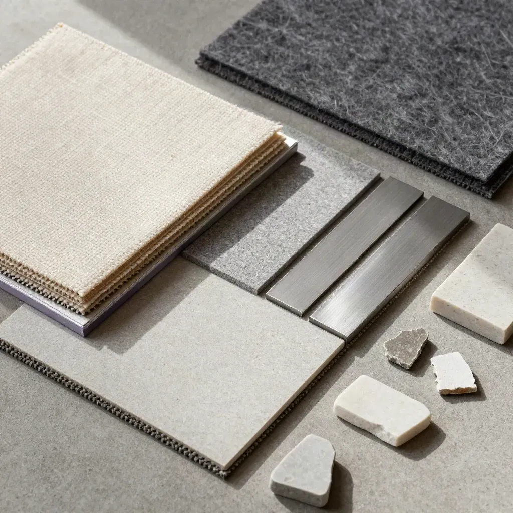 Top-down grid of fabric, stone, and anodized frame samples on concrete, lit by soft daylight.