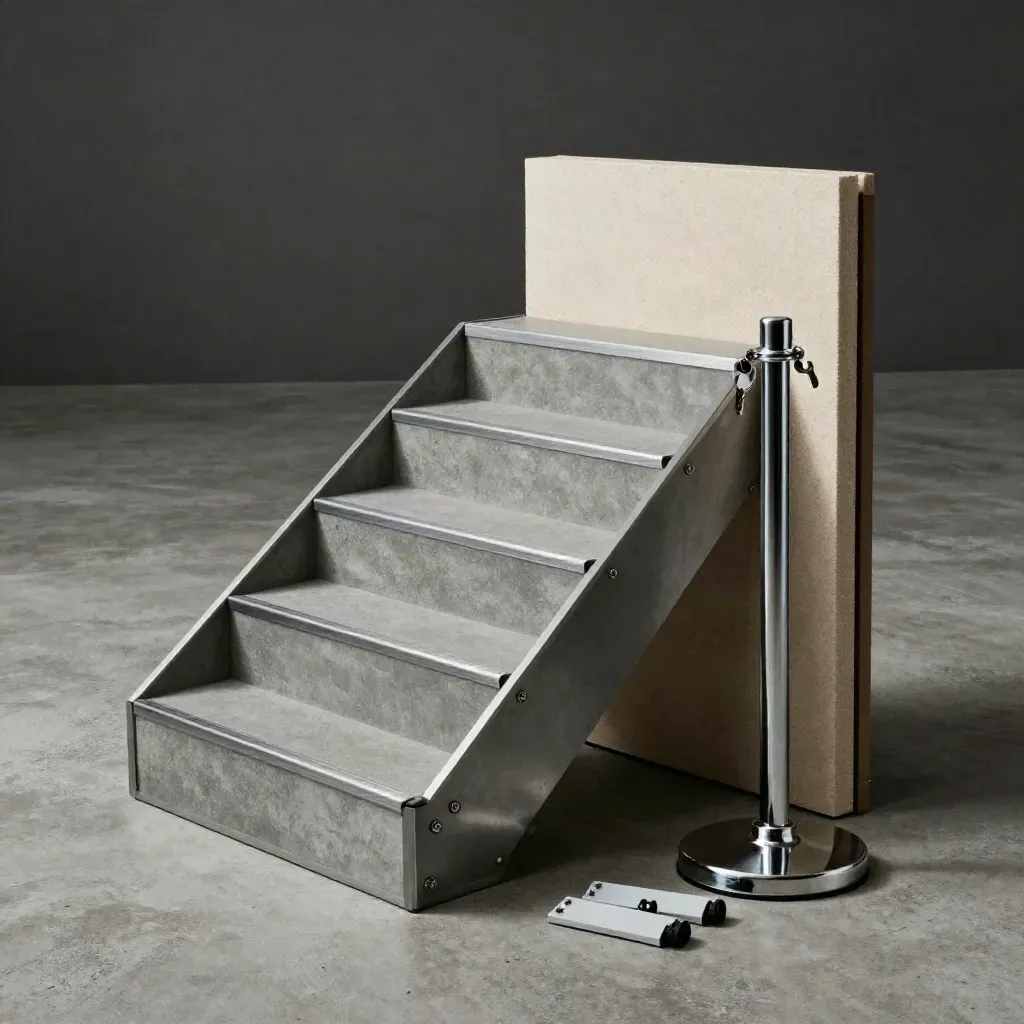 Stage risers, rope cap, and acoustic panel sample on concrete under dramatic light.