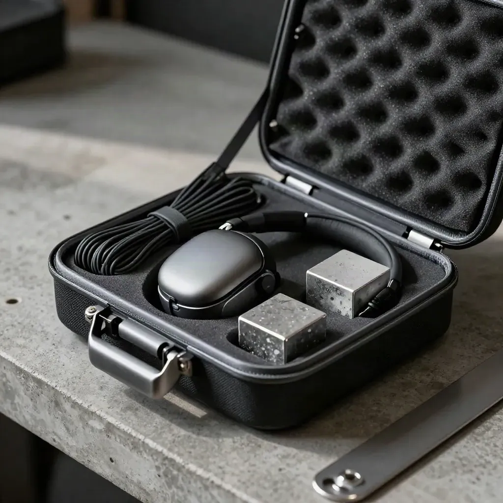 Open prototype carry case with headset shell, foam mockup, cable ties and matte sample blocks.