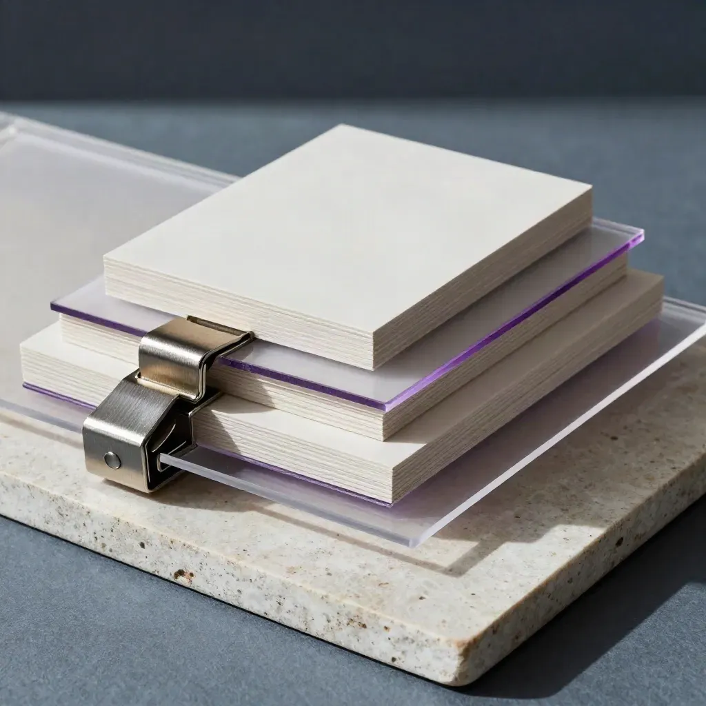 Brushed clamps and sample panels on pale stone, shot through acrylic with a violet edge.