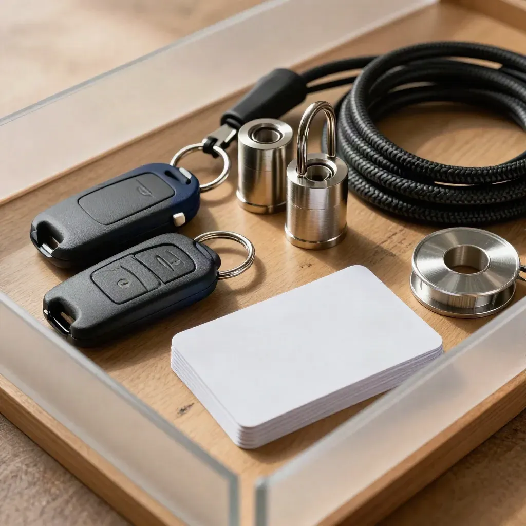 Top-down access kit on oak with key fobs, blank cards, lock cylinders, cable loom and frosted divider.