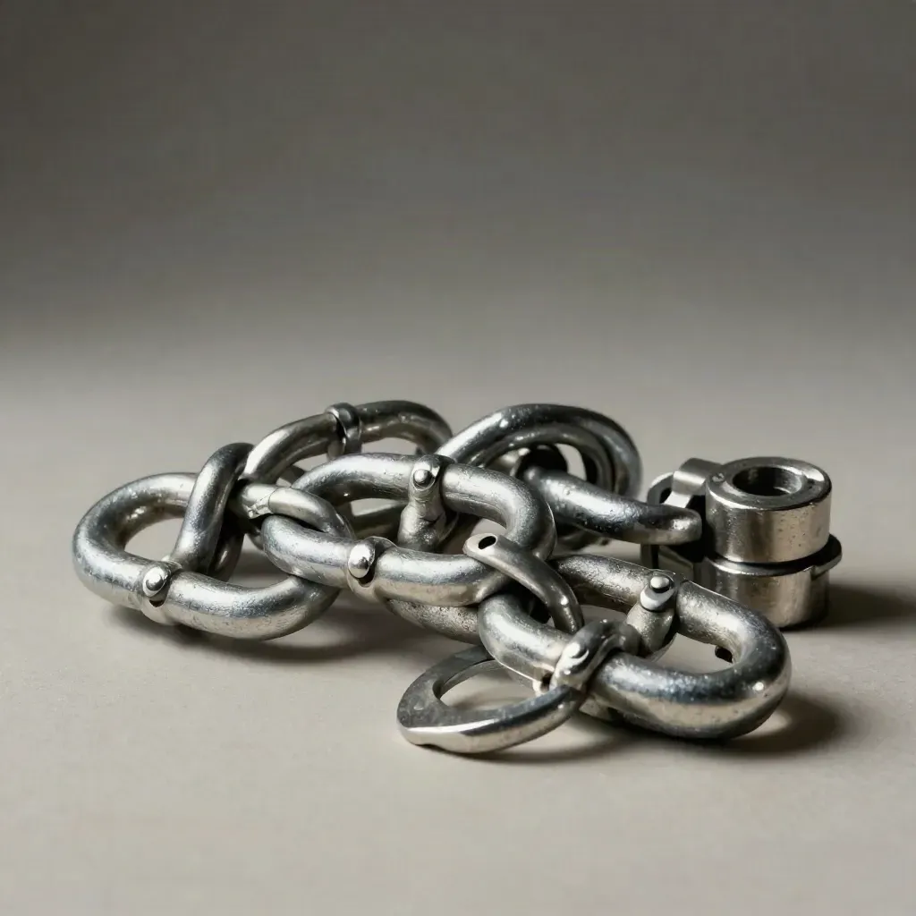 Machined aluminum links and a connector ring on brushed metal under dramatic studio light