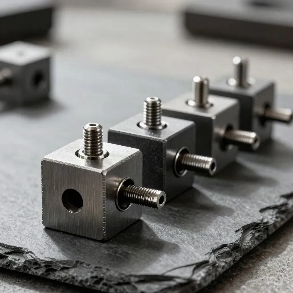 Macro still life of connector blocks, a steel clip, and alignment pins on slate.